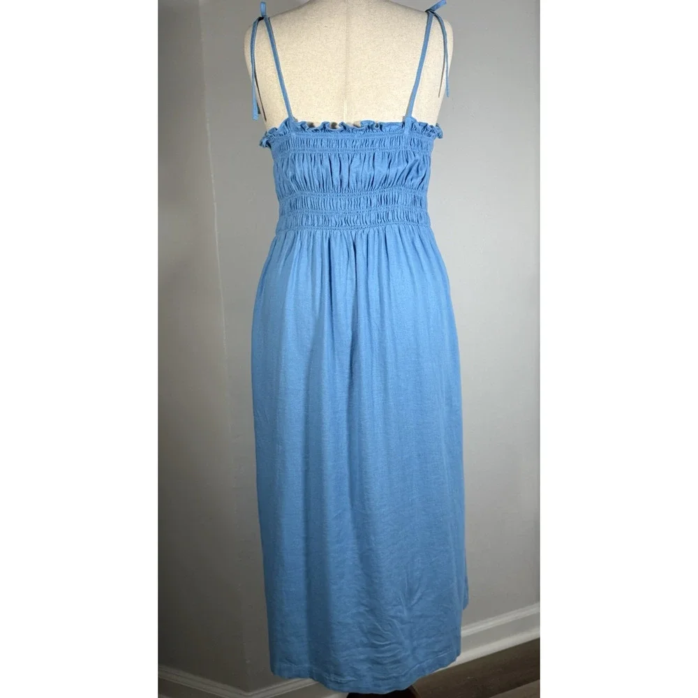 Blue Smocked Midi Dress Faux Button Front Linen Blend Boho Coastal Minimalist XL - Picture 11 of 15